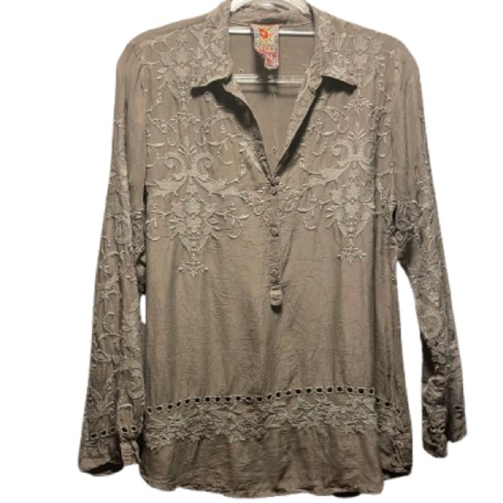 Johnny Was - Boho Embroidered Cotton Long sleeve Collared Sheer Blouse - Small